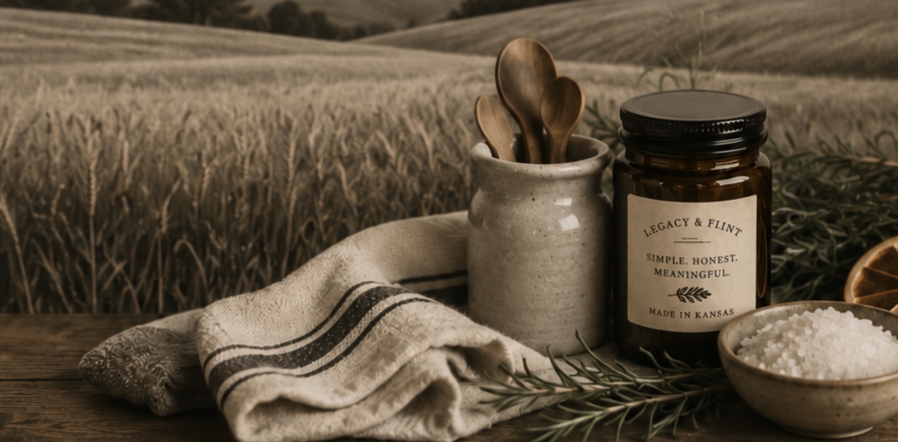 A warm Kansas wheat field with thoughtfully arranged home goods